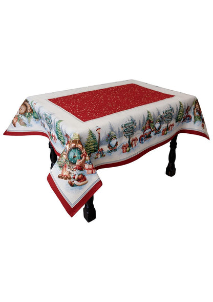 Red Tapestry Tablecloth With Christmas Gnomes And Presents Pattern | Winter Holidays Textile, Festive Home Decor