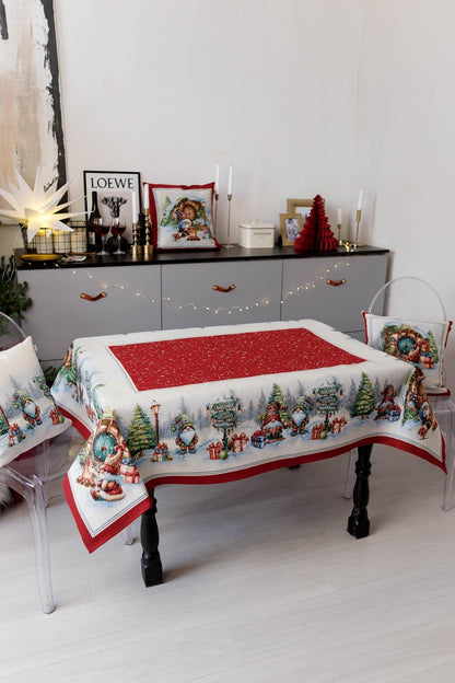 Red Tapestry Tablecloth With Christmas Gnomes And Presents Pattern | Winter Holidays Textile, Festive Home Decor