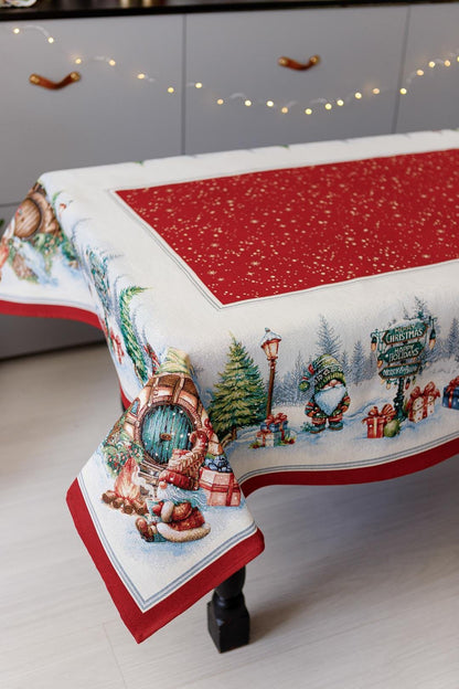 Red Tapestry Tablecloth With Christmas Gnomes And Presents Pattern | Winter Holidays Textile, Festive Home Decor