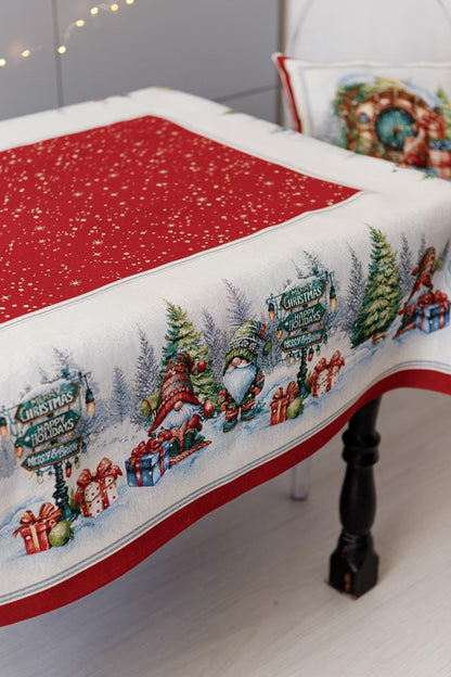Red Tapestry Tablecloth With Christmas Gnomes And Presents Pattern | Winter Holidays Textile, Festive Home Decor