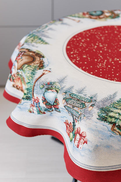 Round Red Tapestry Tablecloth With Christmas Gnomes And Presents Pattern | Winter Holidays Textile, Festive Home Decor