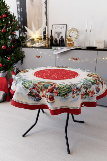 Round Red Tapestry Tablecloth With Christmas Gnomes And Presents Pattern | Winter Holidays Textile, Festive Home Decor