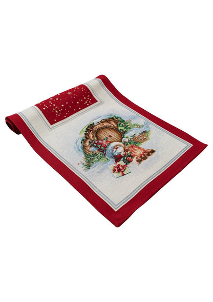 Red Tapestry Table Runner With Christmas Gnomes, Bonfire, Presents Pattern | Winter Holidays Textile, Festive Home Decor
