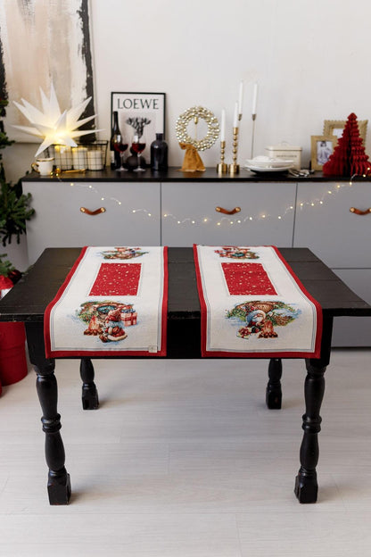Red Tapestry Table Runner With Christmas Gnomes, Bonfire, Presents Pattern | Winter Holidays Textile, Festive Home Decor