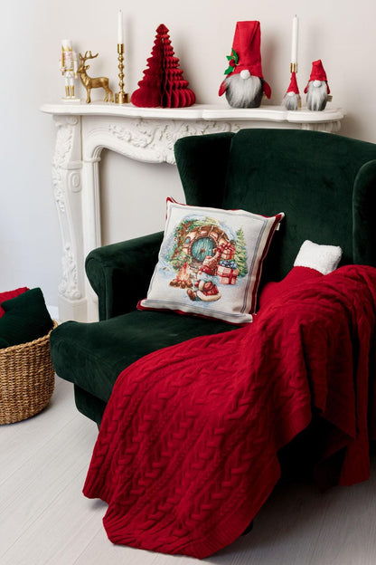 Red Tapestry Pillowcase With Christmas Gnome, Presents And Bonfire Pattern | Winter Holidays Textile, Festive Home Decor