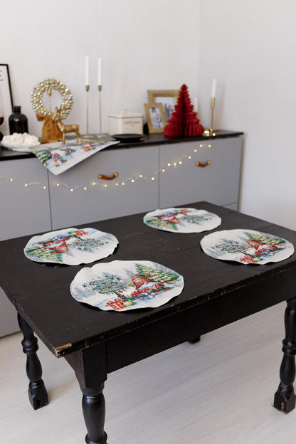 Set of Four White Round Placemats With Christmas Gnomes And Presents Pattern | Festive New Year Textile Set, Housewarming Gift