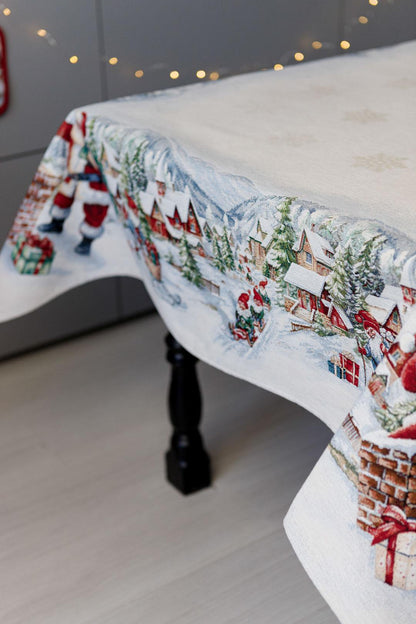 White Tapestry Tablecloth With Santa Claus, Presents, Snowy City Pattern | Winter Holidays Textile, Festive Home Decor
