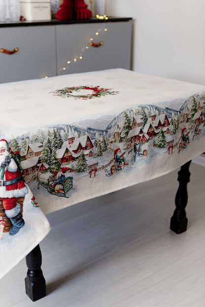 White Tapestry Tablecloth With Santa Claus, Presents, Snowy City Pattern | Winter Holidays Textile, Festive Home Decor