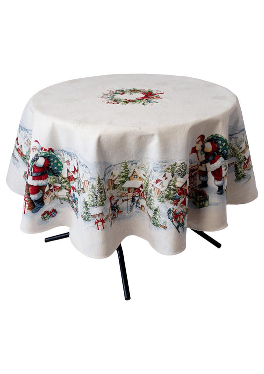Round White Tapestry Tablecloth With Santa Claus, Presents, Christmas Wreath, Snowy City Pattern | Winter Holidays Textile, Home Decor
