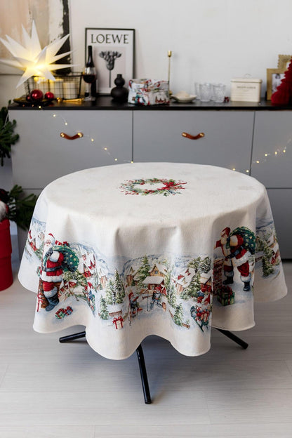 Round White Tapestry Tablecloth With Santa Claus, Presents, Christmas Wreath, Snowy City Pattern | Winter Holidays Textile, Home Decor