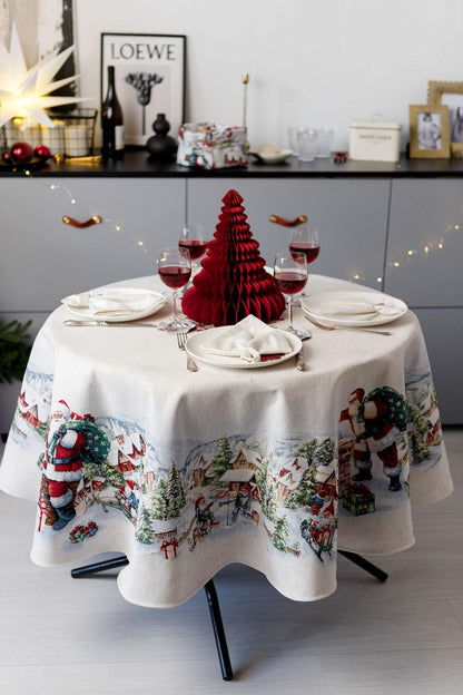 Round White Tapestry Tablecloth With Santa Claus, Presents, Christmas Wreath, Snowy City Pattern | Winter Holidays Textile, Home Decor
