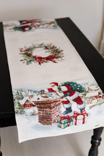 White Tapestry Table Runner With Santa Claus, Chimney, Presents, Christmas Wreath Pattern | Winter Holidays Textile, Festive Home Decor