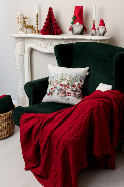 White Tapestry Pillowcase With Santa Claus, Presents, Chimney Pattern | Winter Holidays Textile, Festive Home Decor