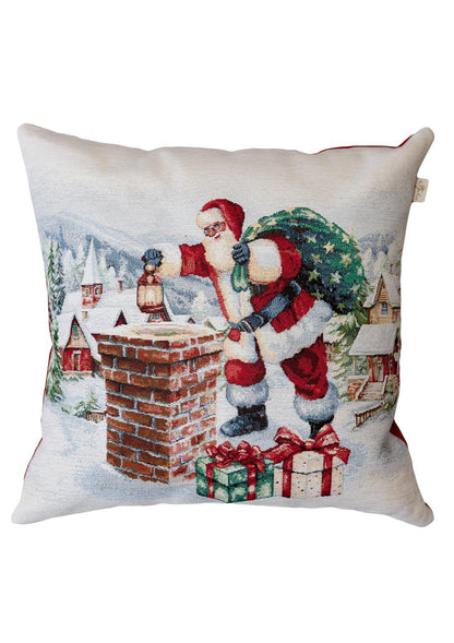 White Tapestry Pillowcase With Santa Claus, Presents, Chimney Pattern | Winter Holidays Textile, Festive Home Decor