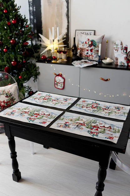 Set Of Four White Tapestry Placemats With Christmas Gnomes And Sled Pattern | Festive New Year Textile Set, Housewarming Gift