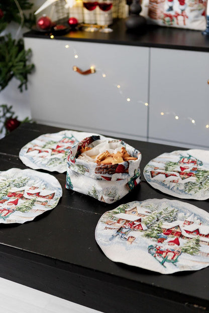 Set Of Four Round White Tapestry Placemats With Christmas Gnomes And Sled Pattern | Festive New Year Textile Set, Housewarming Gift