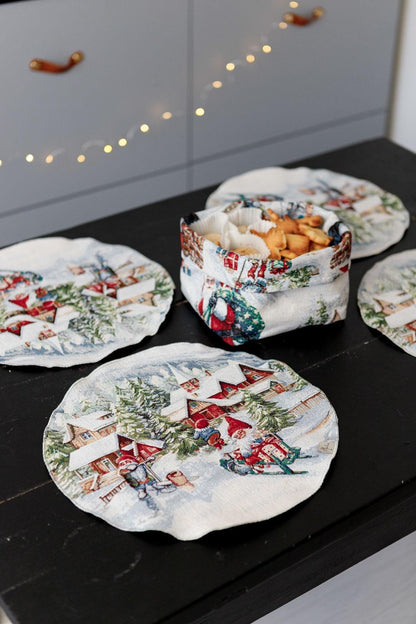 Set Of Four Round White Tapestry Placemats With Christmas Gnomes And Sled Pattern | Festive New Year Textile Set, Housewarming Gift