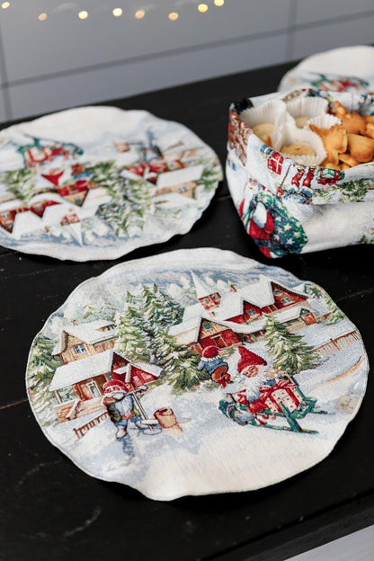 Set Of Four Round White Tapestry Placemats With Christmas Gnomes And Sled Pattern | Festive New Year Textile Set, Housewarming Gift