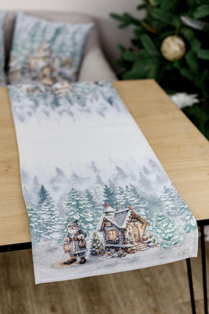 White Tapestry Table Runner With Christmas Gnomes, Hut And Snowy Forest Pattern | Winter Holidays Textile, Festive Home Decor