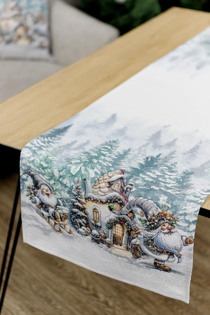 White Tapestry Table Runner With Christmas Gnomes, Hut And Snowy Forest Pattern | Winter Holidays Textile, Festive Home Decor