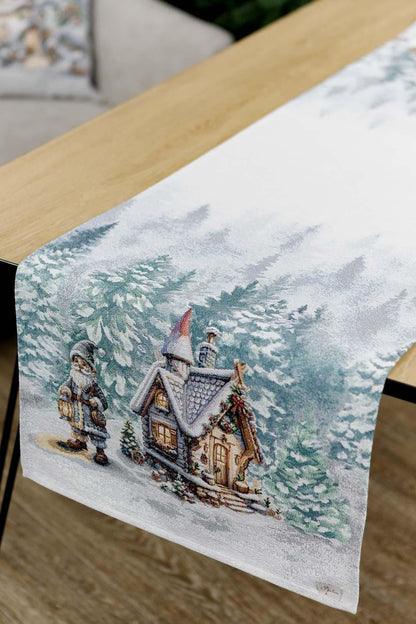 White Tapestry Table Runner With Christmas Gnomes, Hut And Snowy Forest Pattern | Winter Holidays Textile, Festive Home Decor