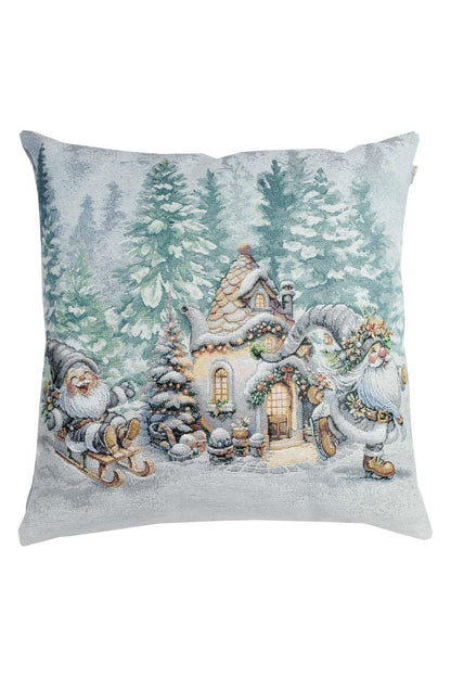Set Of Three White Tapestry Pillowcases With Christmas Gnomes, Hut, Snowy Forest Pattern | Winter Holidays Textile, Festive Home Decor