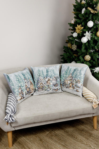 Set Of Three White Tapestry Pillowcases With Christmas Gnomes, Hut, Snowy Forest Pattern | Winter Holidays Textile, Festive Home Decor