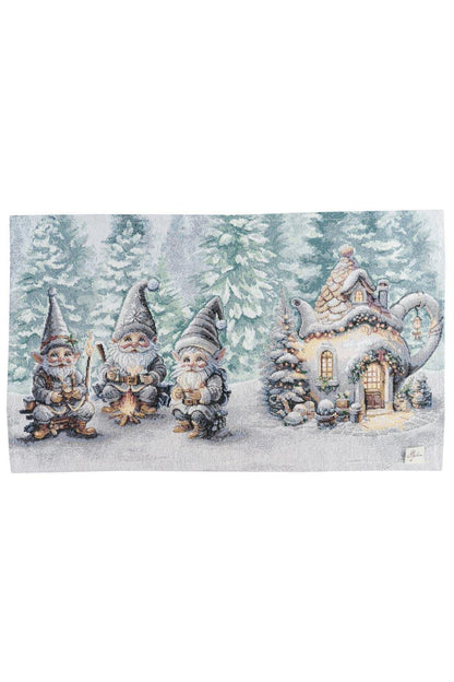 Set of Four White Tapestry Placemats With Christmas Gnomes And Bonfire Pattern | Festive New Year Textile Set, Housewarming Gift
