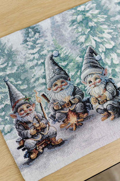 Set of Four White Tapestry Placemats With Christmas Gnomes And Bonfire Pattern | Festive New Year Textile Set, Housewarming Gift