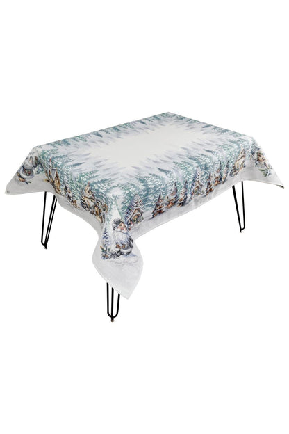 White Tapestry Tablecloth With Christmas Gnomes, Bonfire, Hut, Snowy Forest Pattern | Winter Holidays Textile, Festive Home Decor