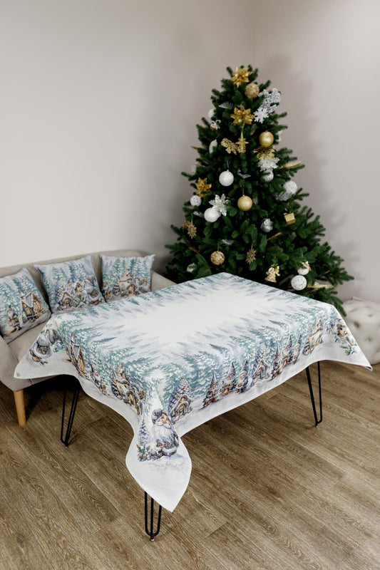 White Tapestry Tablecloth With Christmas Gnomes, Bonfire, Hut, Snowy Forest Pattern | Winter Holidays Textile, Festive Home Decor