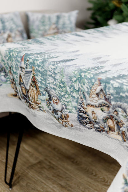 White Tapestry Tablecloth With Christmas Gnomes, Bonfire, Hut, Snowy Forest Pattern | Winter Holidays Textile, Festive Home Decor