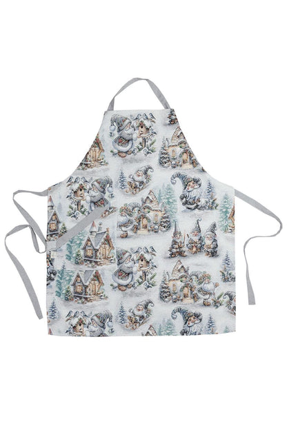 Set Of Christmas Tapestry Kitchen Apron, Oven Mitten, Potholder With X-mas Gnomes Pattern | New Year Textile Set, Winter Holidays Gift