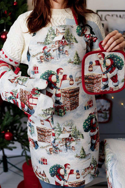 Set Of Christmas Tapestry Kitchen Apron, Oven Mitten, Potholder With Santa Claus, Chimney, Presents Pattern | New Year Textile Set