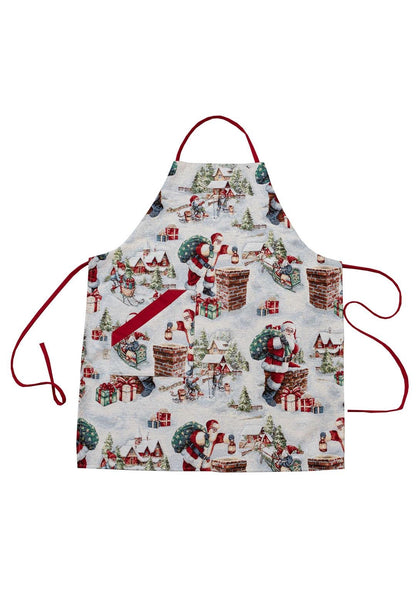Set Of Christmas Tapestry Kitchen Apron, Oven Mitten, Potholder With Santa Claus, Chimney, Presents Pattern | New Year Textile Set