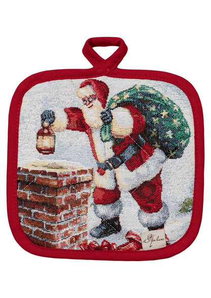 Set Of Christmas Tapestry Kitchen Apron, Oven Mitten, Potholder With Santa Claus, Chimney, Presents Pattern | New Year Textile Set