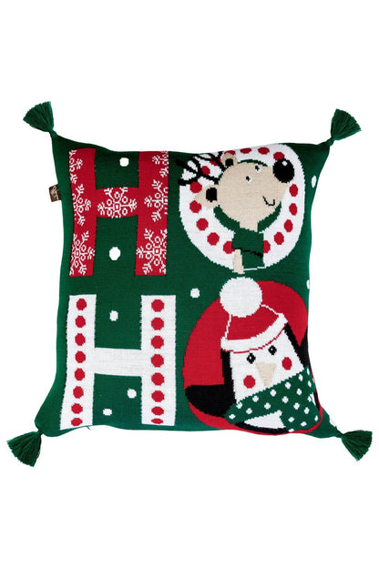 Green Christmas Knitted Pillowcase With Tassels, Ho Ho, Reindeer, Penguin, Snowman Pattern | New Year Home Decor, Throw And Pillow Cover Set