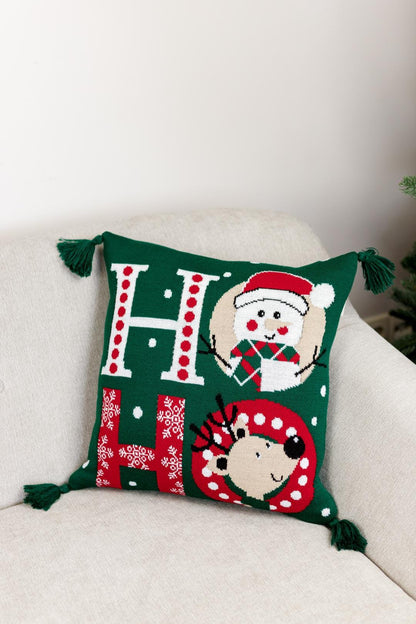 Green Christmas Knitted Pillowcase With Tassels, Ho Ho, Reindeer, Penguin, Snowman Pattern | New Year Home Decor, Throw And Pillow Cover Set