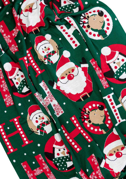 Green Christmas Blanket With Santa Claus, Reindeer, Penguin Pattern | Ho-Ho Words Print Throw, Housewarming Present