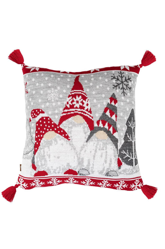 Grey And Red Knitted Pillowcase With Tassels, Christmas Gnomes Pattern | New Year Home Decor, Throw And Pillow Cover Set