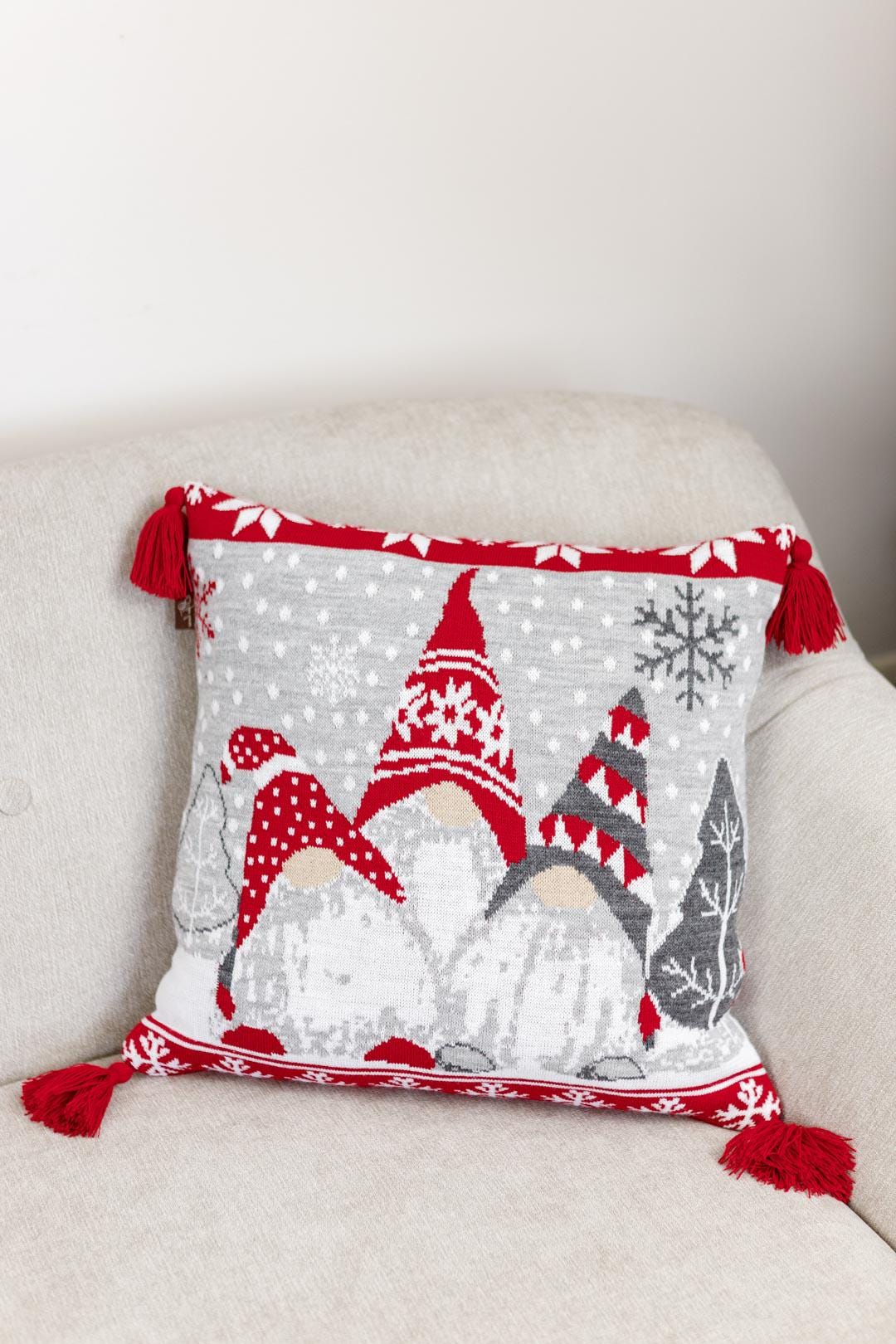 Grey And Red Knitted Pillowcase With Tassels, Christmas Gnomes Pattern | New Year Home Decor, Throw And Pillow Cover Set