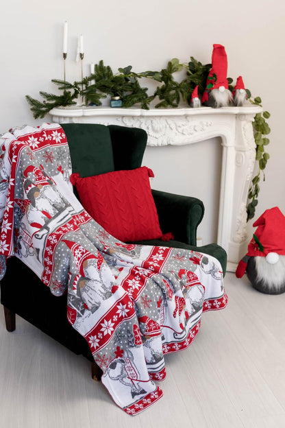 Grey And Red Knitted Blanket With Christmas Gnomes Pattern | New Year Home Decor, Throw And Pillow Cover Set
