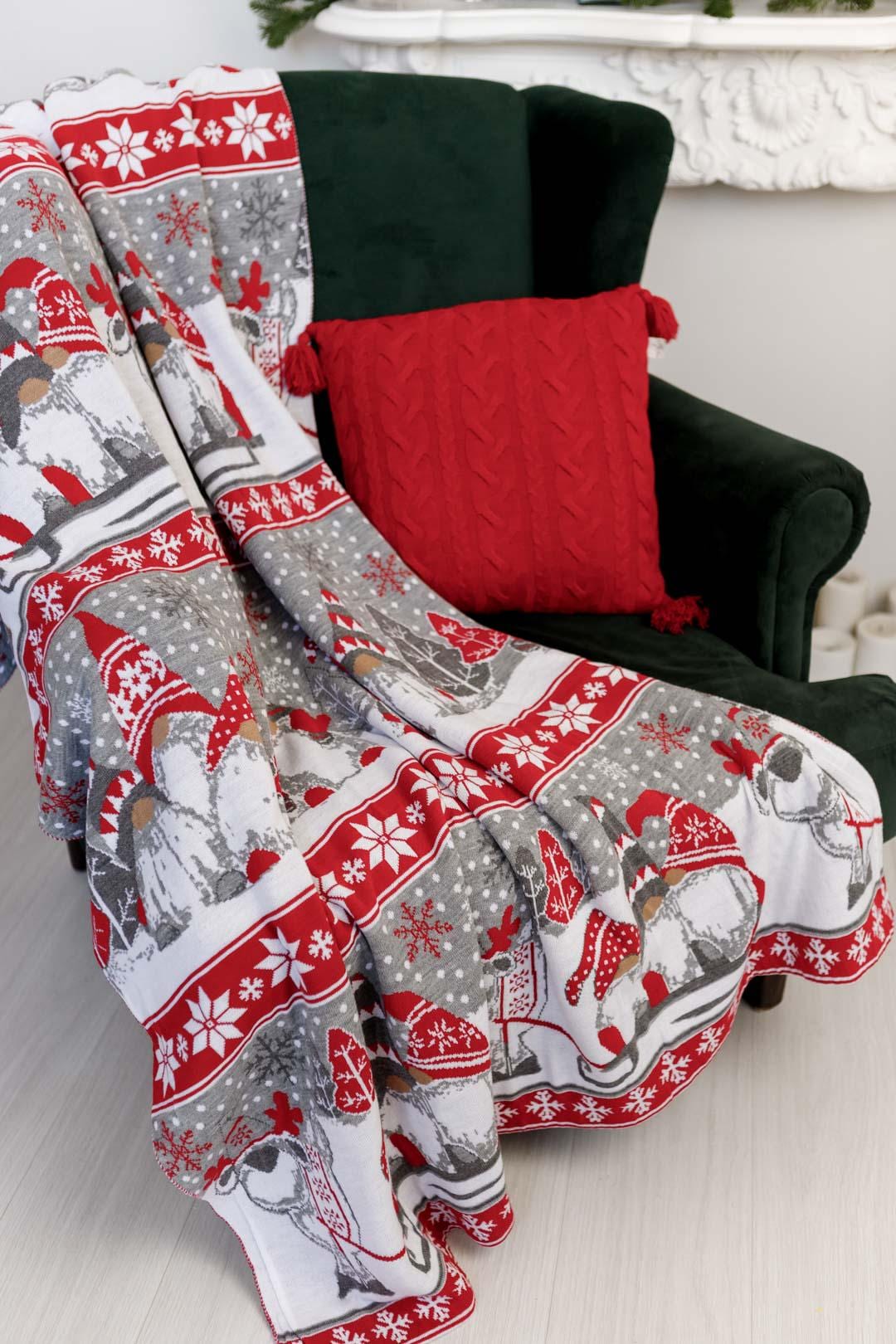 Grey And Red Knitted Blanket With Christmas Gnomes Pattern | New Year Home Decor, Throw And Pillow Cover Set