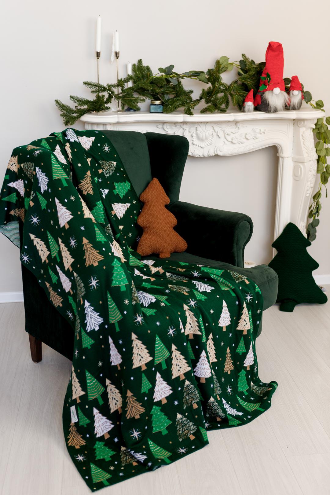 Green Knitted Blanket With Christmas Trees Pattern | New Year Home Decor, Throw And Pillow Cover Set