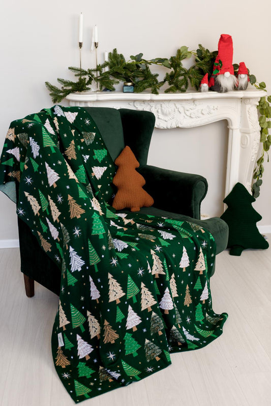 Green Knitted Blanket With Christmas Trees Pattern | New Year Home Decor, Throw And Pillow Cover Set