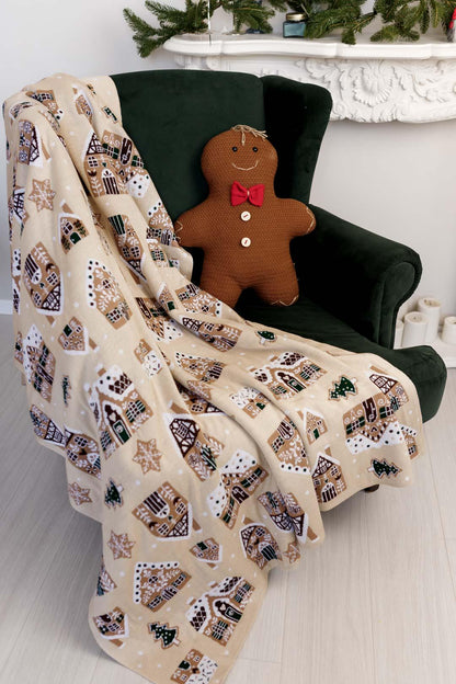Beige Christmas Knitted Blanket With Gingerbread Pattern | New Year Home Decor, Throw And Pillow Set