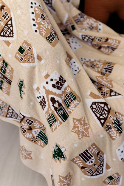 Beige Christmas Knitted Blanket With Gingerbread Pattern | New Year Home Decor, Throw And Pillow Set
