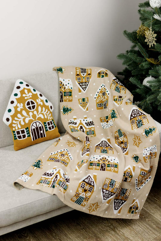 Beige Christmas Knitted Blanket With Gingerbread Pattern | New Year Home Decor, Throw And Pillow Set