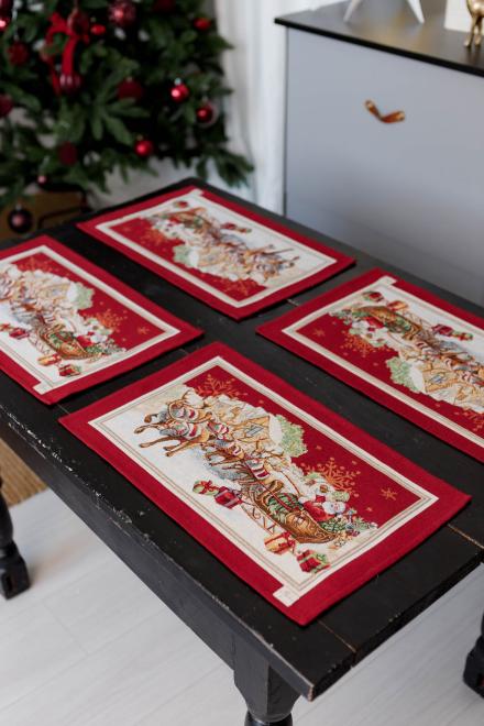 Red Tapestry Christmas Placemats — Santa & Reindeer, Holiday Table Decor (Set of 4)