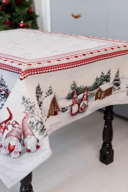 White Christmas Tapestry Tablecloth with Gnomes & Snowy Cottage | Festive Winter Table Decor